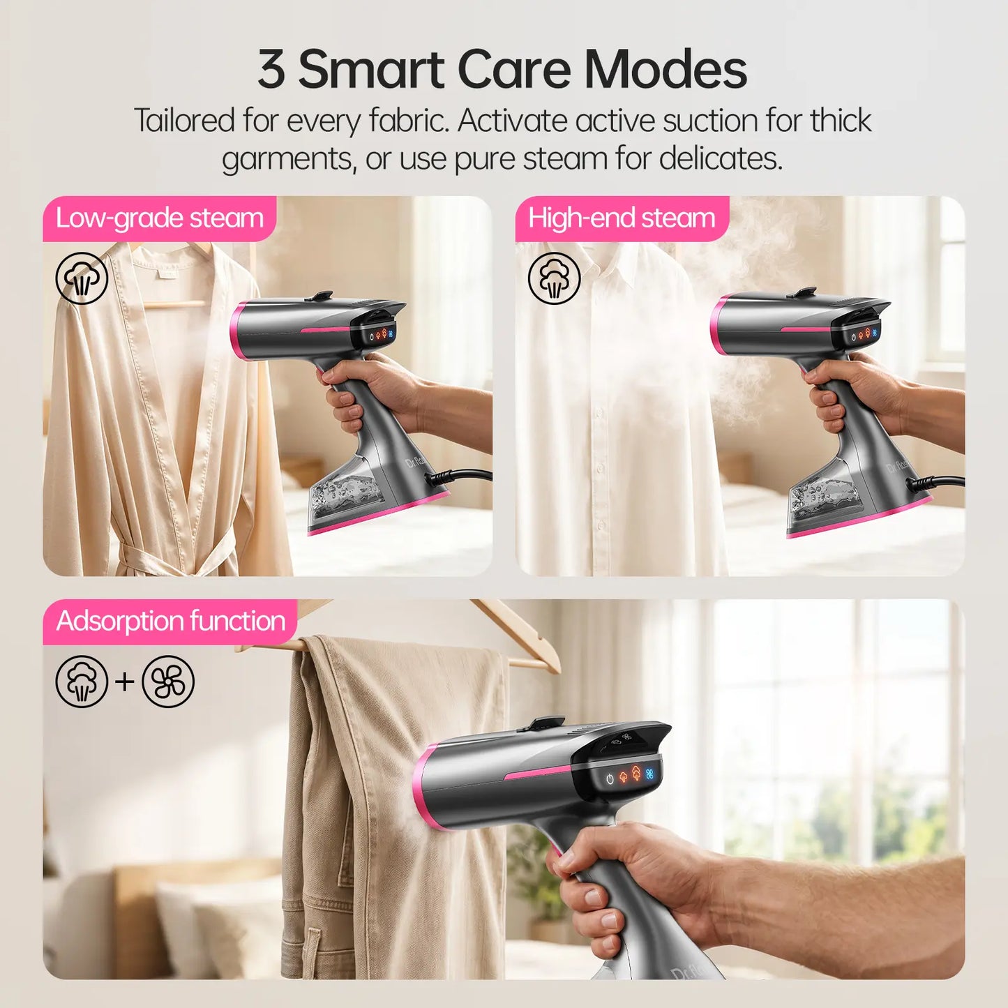 Dr.Flash Vacuum Garment Steamer, 270Ml Big Capacity, 1400W Handheld Clothes Steamer, Suction Steamer ＆ Iron 2 in 1, Portable Travel Iron for Clothes, Fabrics, Large Ceramic Heat Panel
