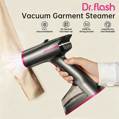 Dr.Flash Vacuum Garment Steamer, 270Ml Big Capacity, 1400W Handheld Clothes Steamer, Suction Steamer ＆ Iron 2 in 1, Portable Travel Iron for Clothes, Fabrics, Large Ceramic Heat Panel