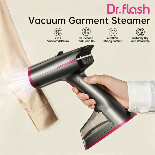 Dr.Flash Vacuum Garment Steamer, 270Ml Big Capacity, 1400W Handheld Clothes Steamer, Suction Steamer ＆ Iron 2 in 1, Portable Travel Iron for Clothes, Fabrics, Large Ceramic Heat Panel